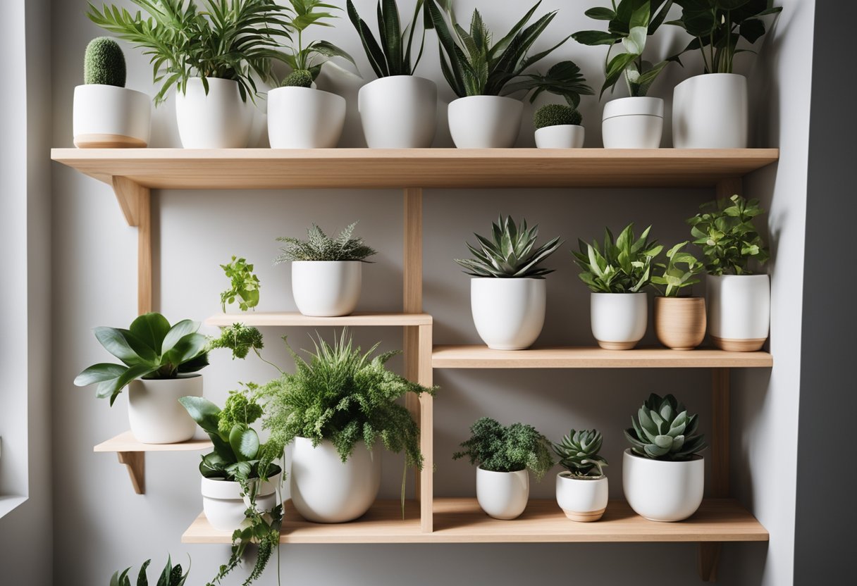 A collection of potted plants arranged on wooden shelves against a white wall, with natural light streaming in from a nearby window