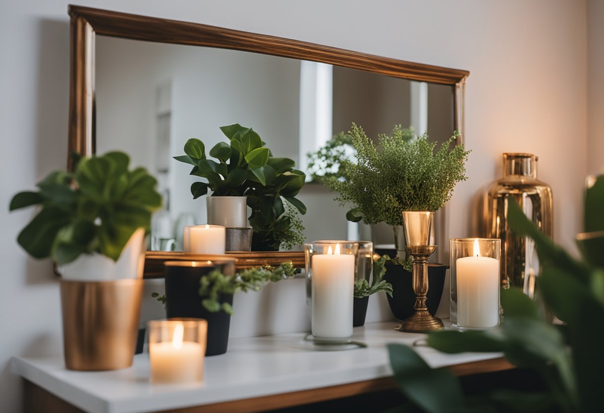 A simple, inexpensive home decoration scene featuring mirrors in various shapes and sizes, arranged on a wall with decorative frames and surrounded by potted plants and candles