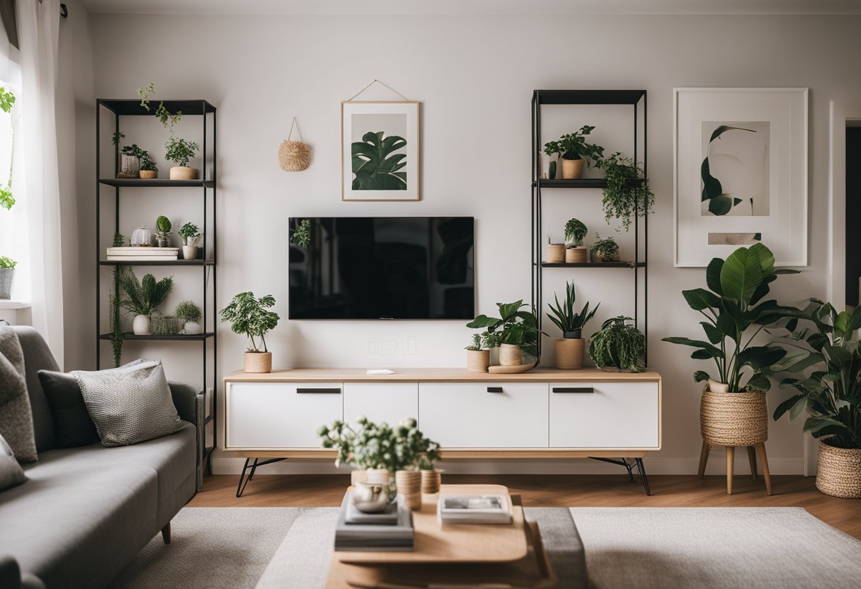 A cozy living room with simple, inexpensive wall decorations such as framed artwork, hanging plants, and decorative shelves