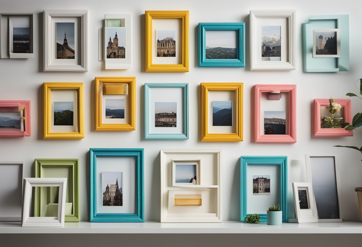 A row of colorful picture frames hanging on a plain white wall, with simple and inexpensive decorations