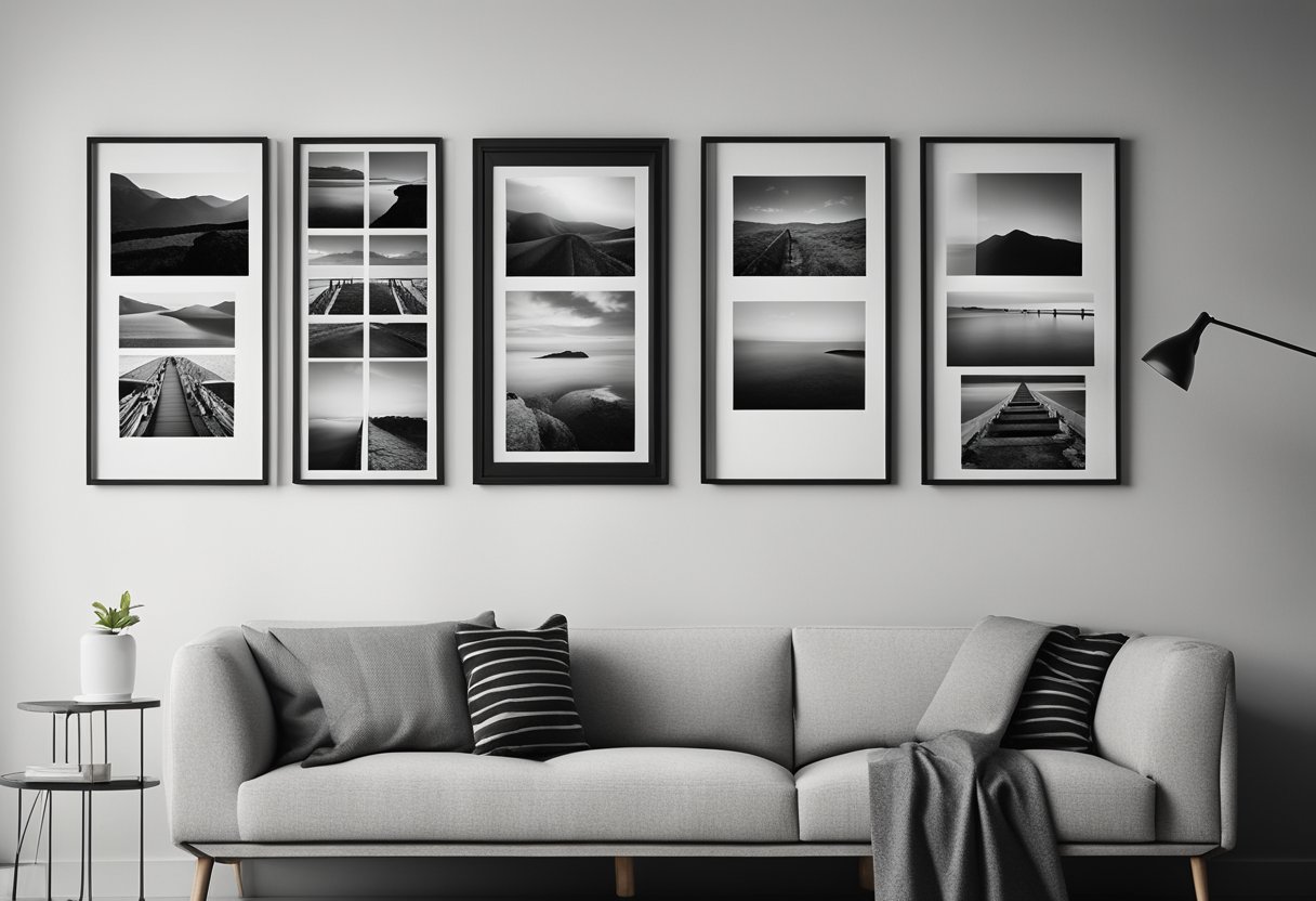 A row of simple photo frames hang on a plain wall, each containing a different black and white image. The frames are various sizes and shapes, adding visual interest to the display