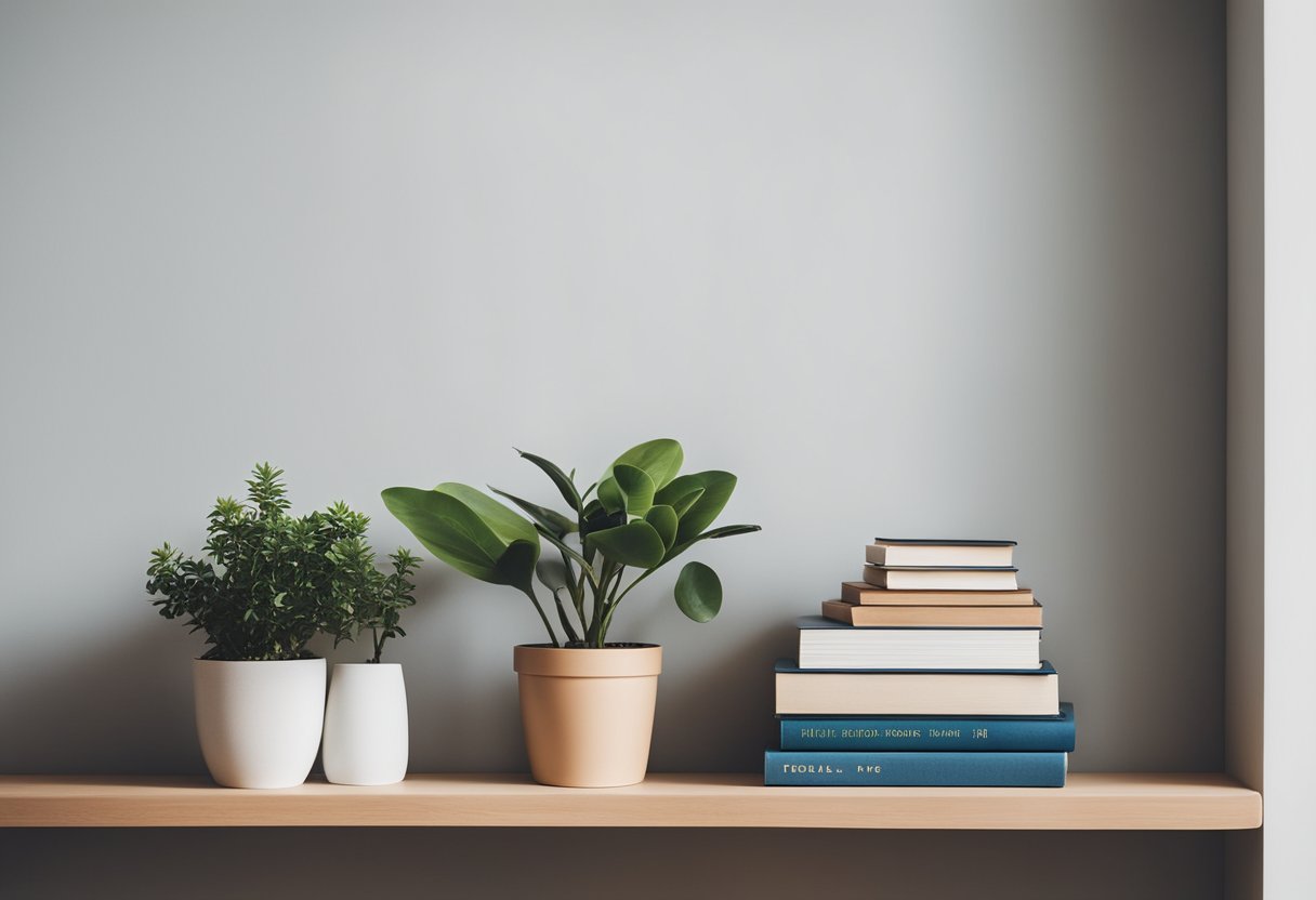 A simple, minimalist shelf with a few decorative items such as small potted plants, books, and a framed artwork