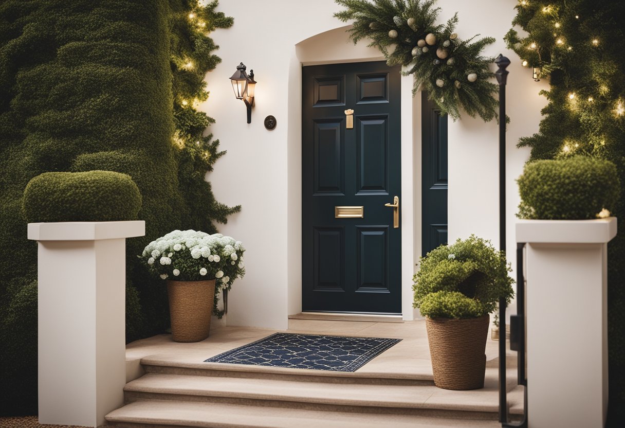 A welcoming entrance with a simple doormat, potted plants, and a decorative wreath on the door. A small bench or chair with cozy pillows adds a touch of comfort