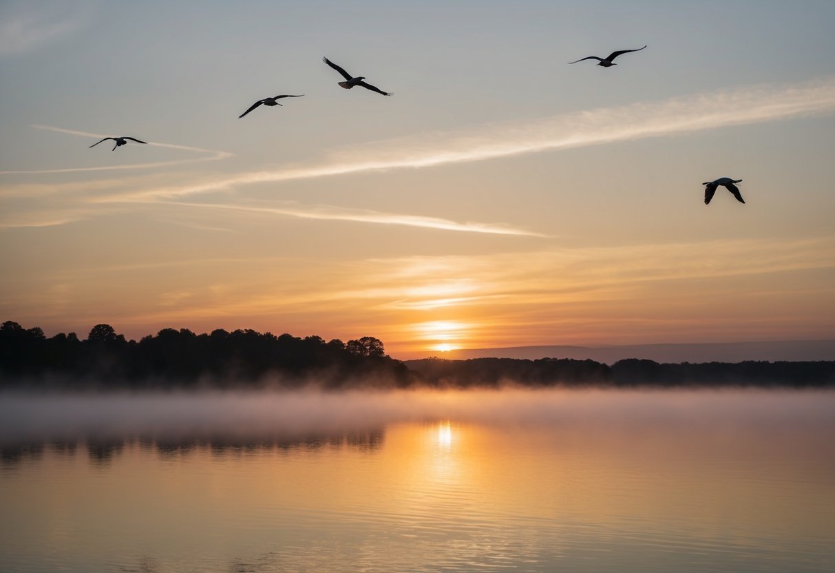 A sunrise over a tranquil lake, with mist rising from the water and birds flying overhead