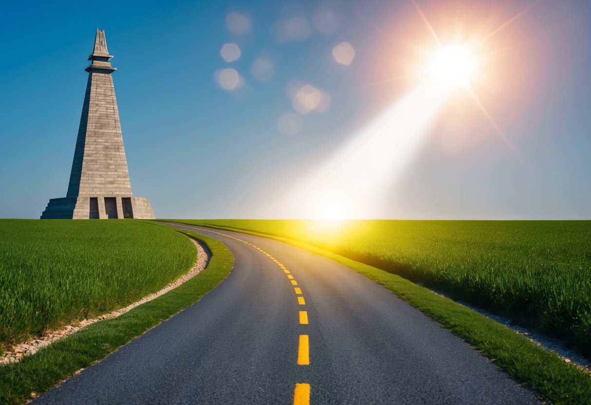 A bright light shining on a winding path leading towards a distant, towering goal