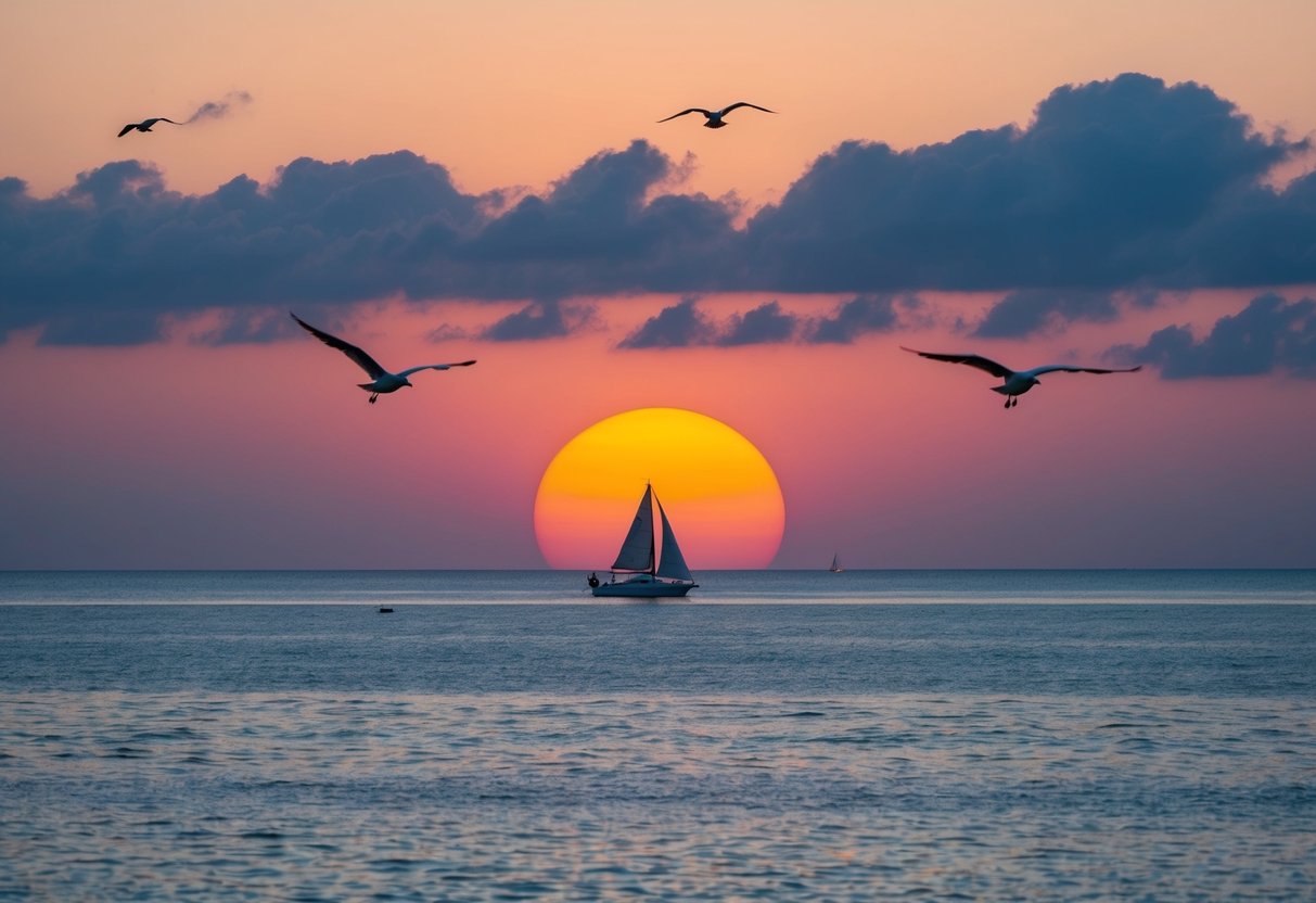 A vibrant sunrise over a calm ocean, with a lone sailboat in the distance and seagulls flying overhead