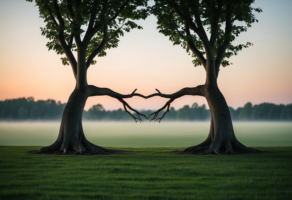 A serene landscape with two intertwined trees, their branches reaching towards each other, symbolizing love and reconciliation