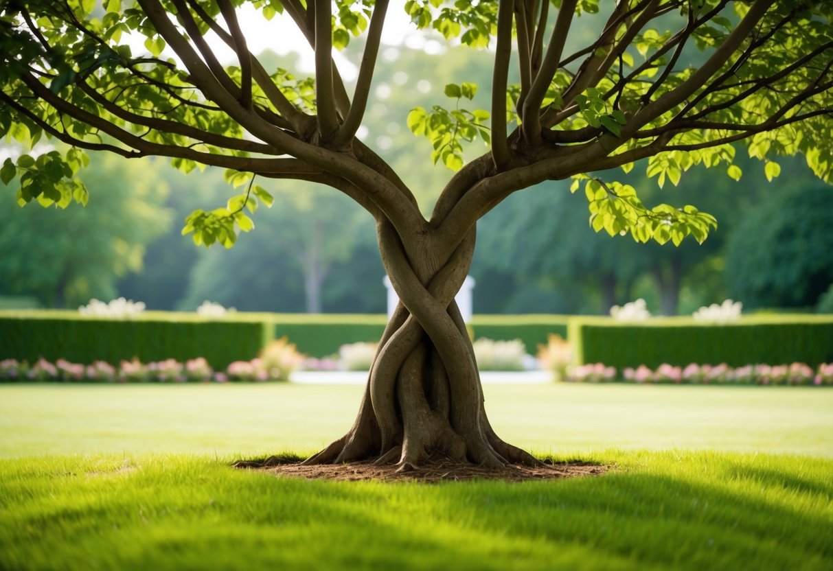 A serene garden with two intertwining trees, symbolizing the union and reconciliation of love archetypes