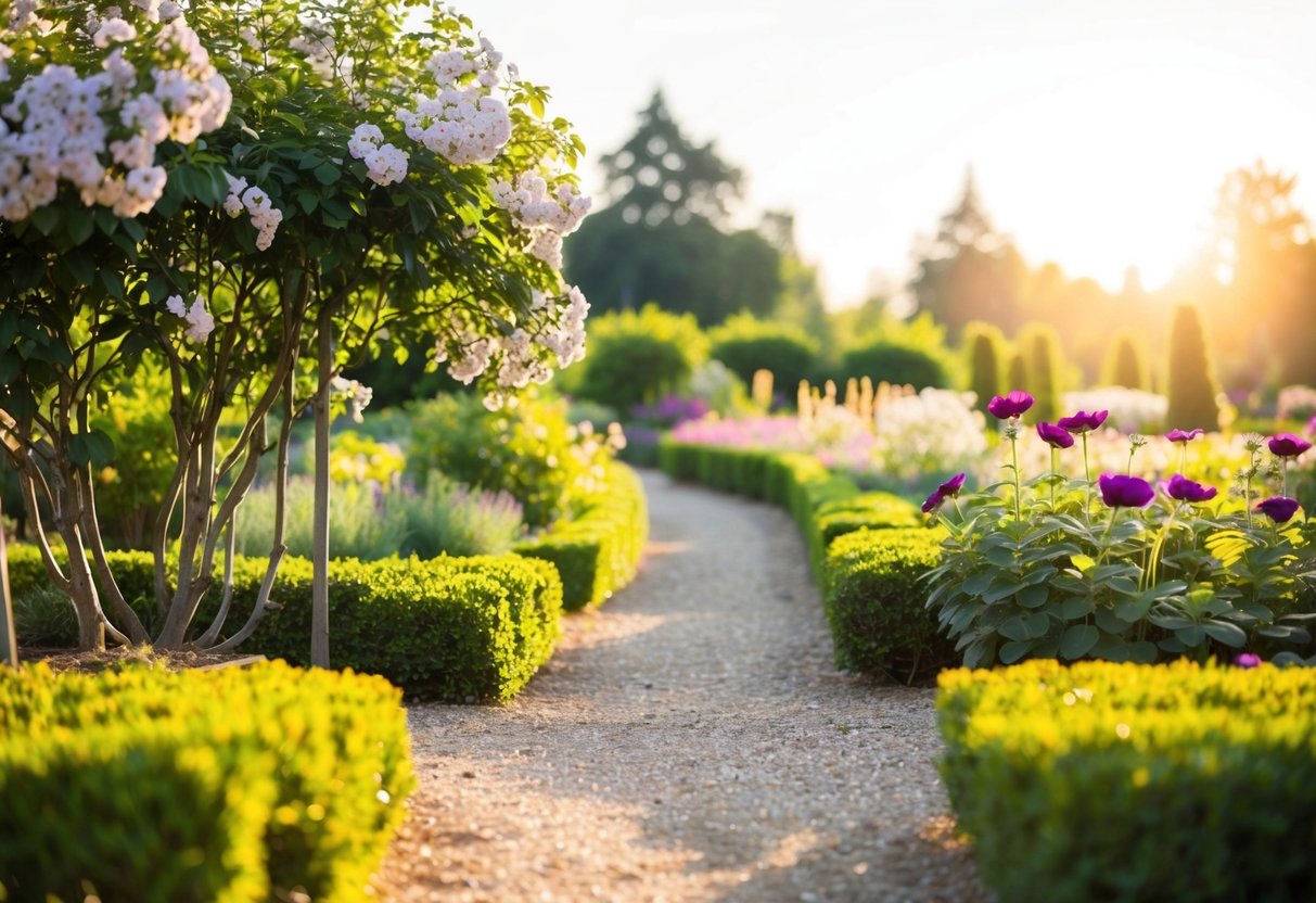 A serene garden with blooming flowers and a winding path leading to a peaceful, sunlit clearing