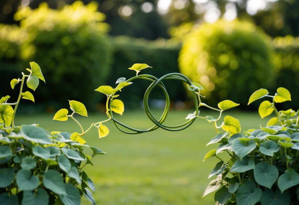 A serene garden with two intertwining vines, symbolizing the strengthening of a loving bond and the archetype of romantic reconciliation