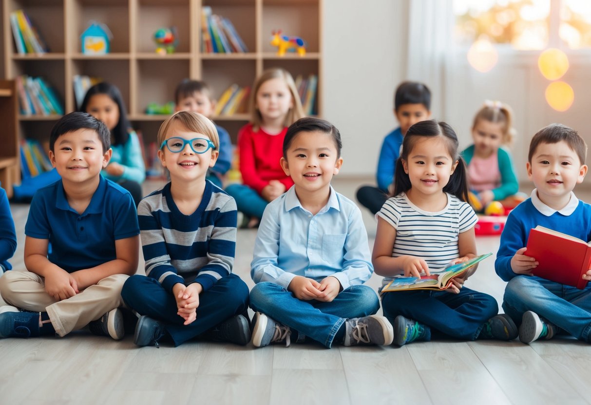 A group of children of varying ages sitting on the floor, some leaning on their hands, others sitting upright with good posture. They are engaged in various activities, such as playing with toys or reading books