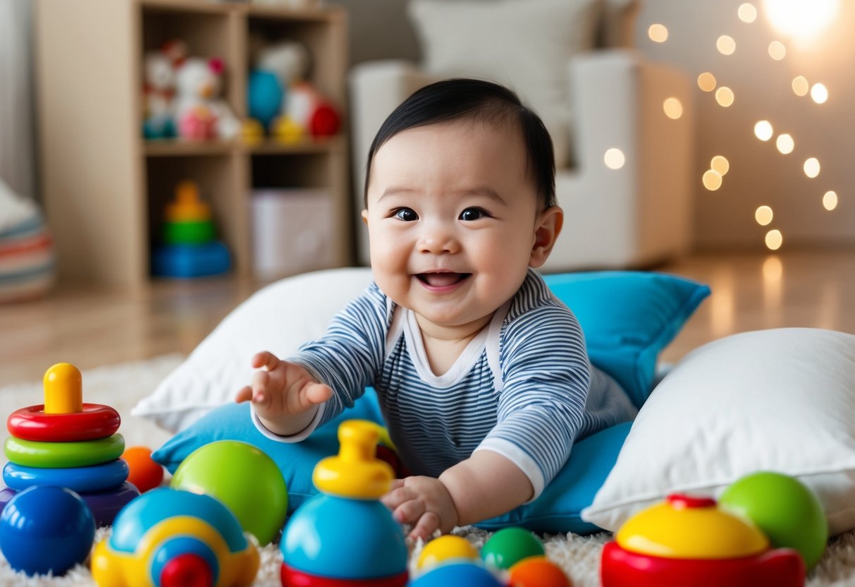 A baby surrounded by toys, sitting up with support from pillows, smiling and reaching for objects