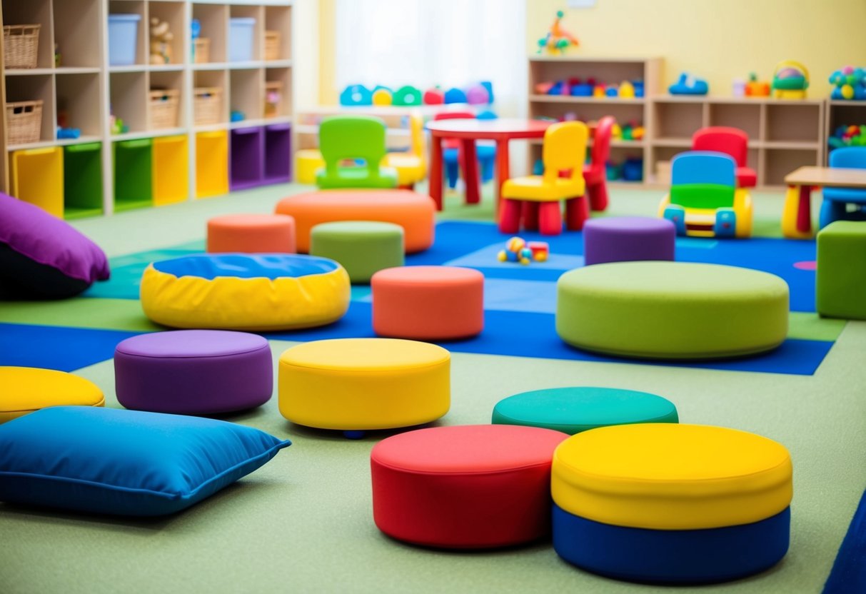 A colorful and inviting play area with various sitting equipment and toys. A mix of soft cushions, small chairs, and low tables for toddlers to explore and practice sitting