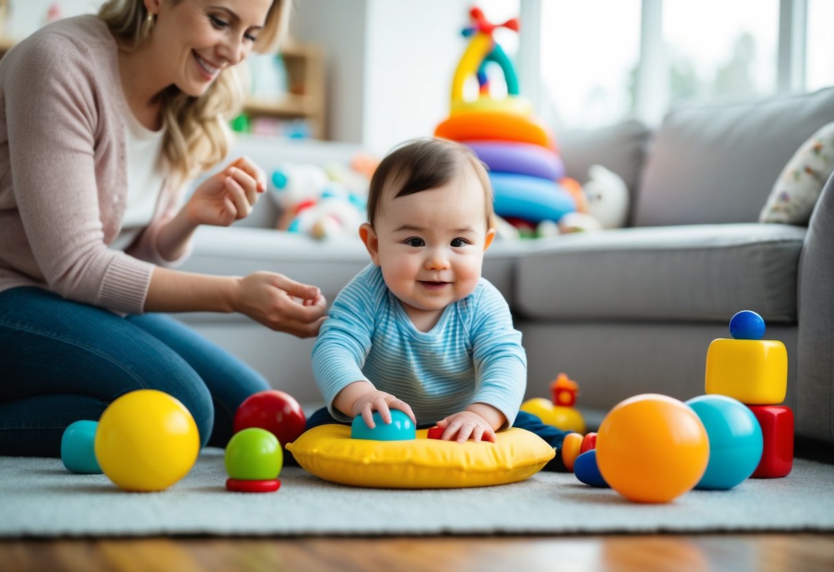 A baby surrounded by toys, attempting to sit up on their own, with a supportive cushion or parent nearby