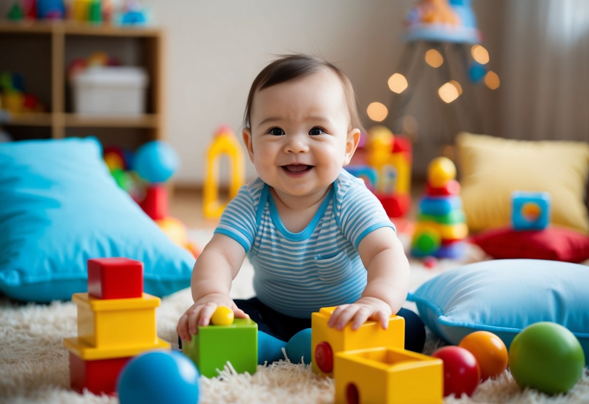 A baby surrounded by toys, sitting up with support from pillows, smiling and reaching for objects