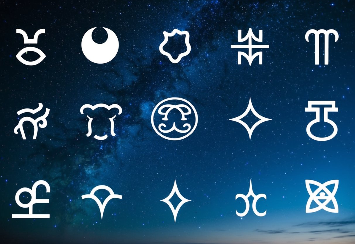 A starry night sky with 12 zodiac symbols floating above, each representing different personality traits and characteristics