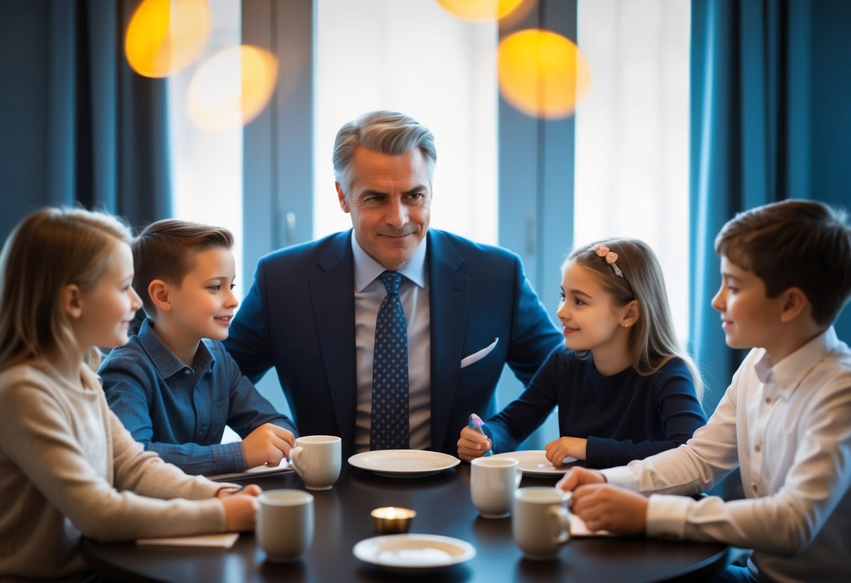 A family sitting around a table, each person representing a different zodiac sign. The father figure exudes a strong and authoritative presence