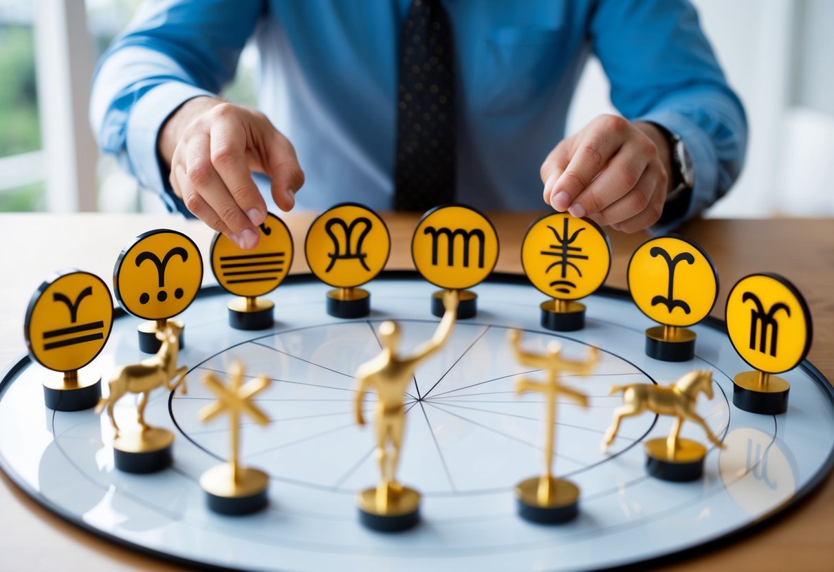 A father teaching responsibility based on zodiac signs. A group of zodiac symbols arranged in a circle, with a father figure guiding them