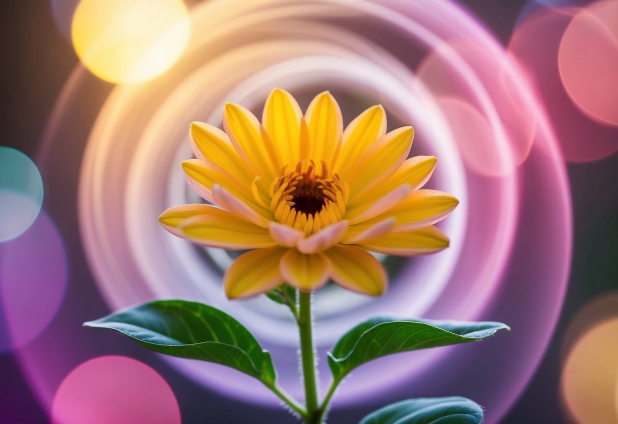 A blooming flower surrounded by swirling, changing colors, representing the hormonal changes and early signs of pregnancy