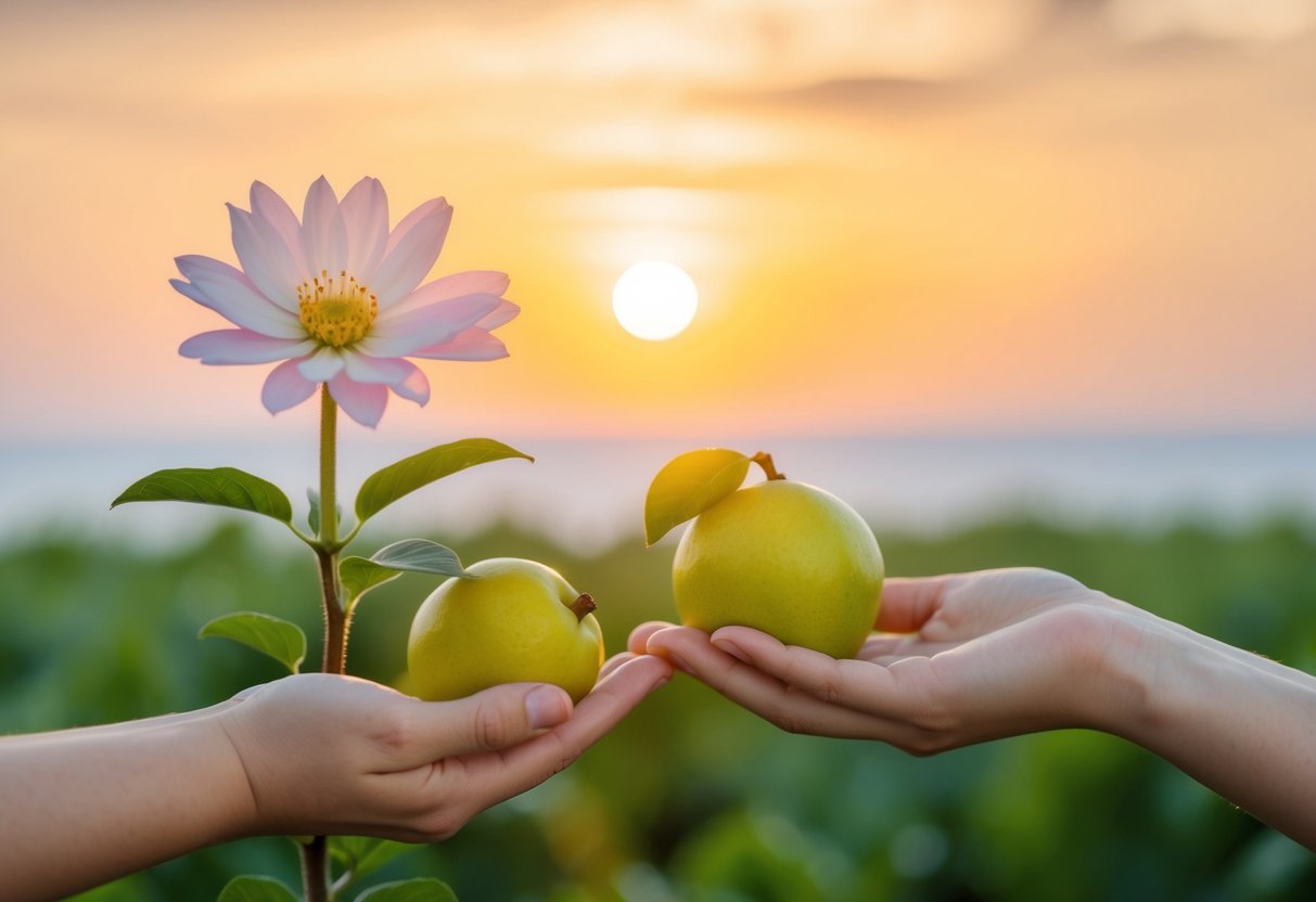 A blooming flower, a growing fruit, and a rising sun, symbolizing the physiological changes during the first trimester of pregnancy