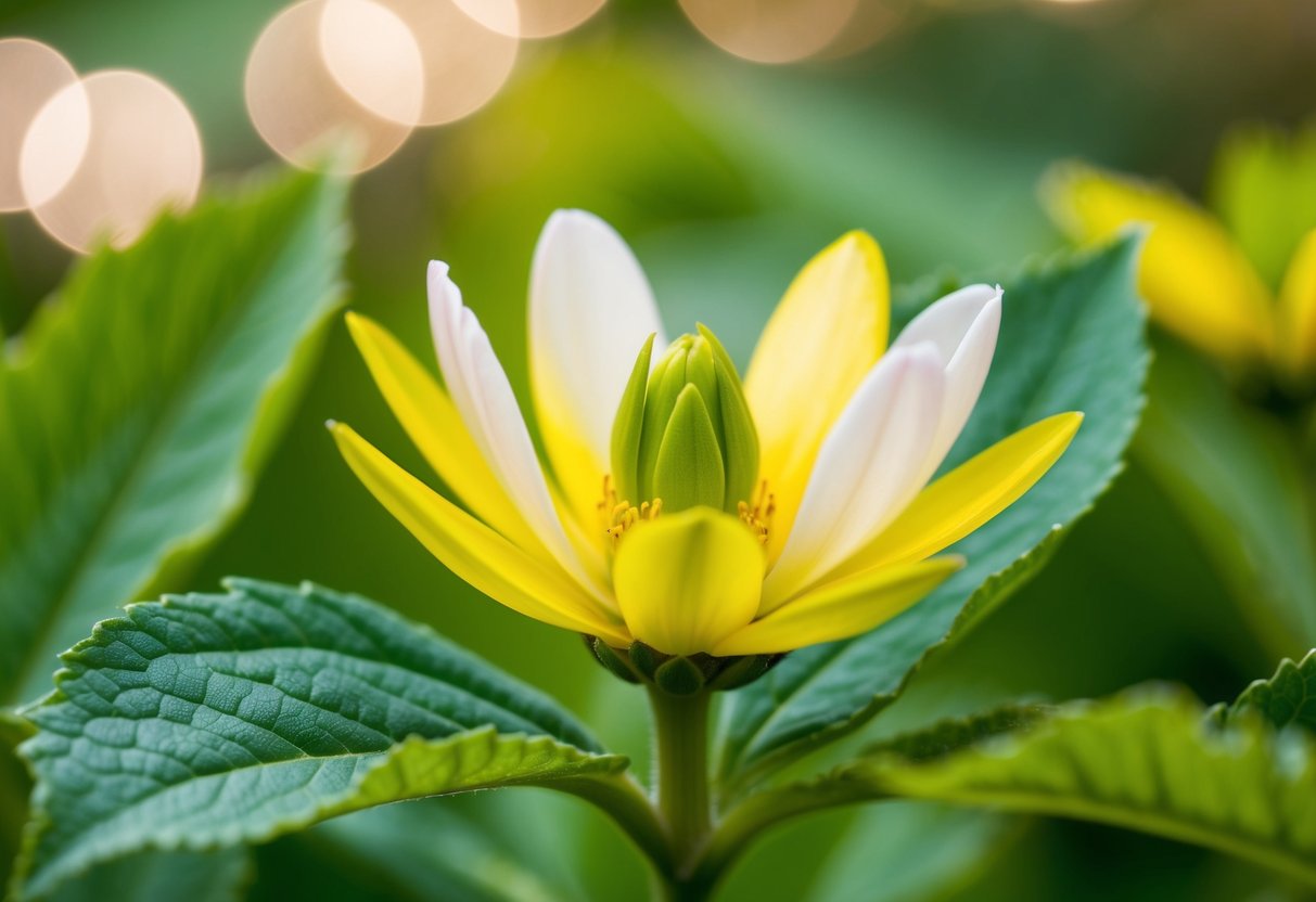 A blooming flower with a small bud growing at its center, surrounded by vibrant green leaves