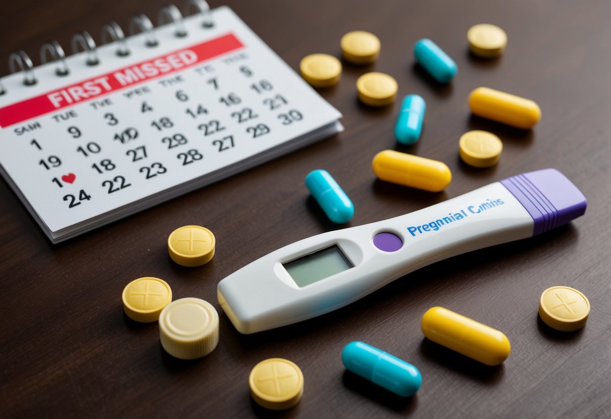 A positive pregnancy test surrounded by scattered prenatal vitamins and a calendar marking the first missed period