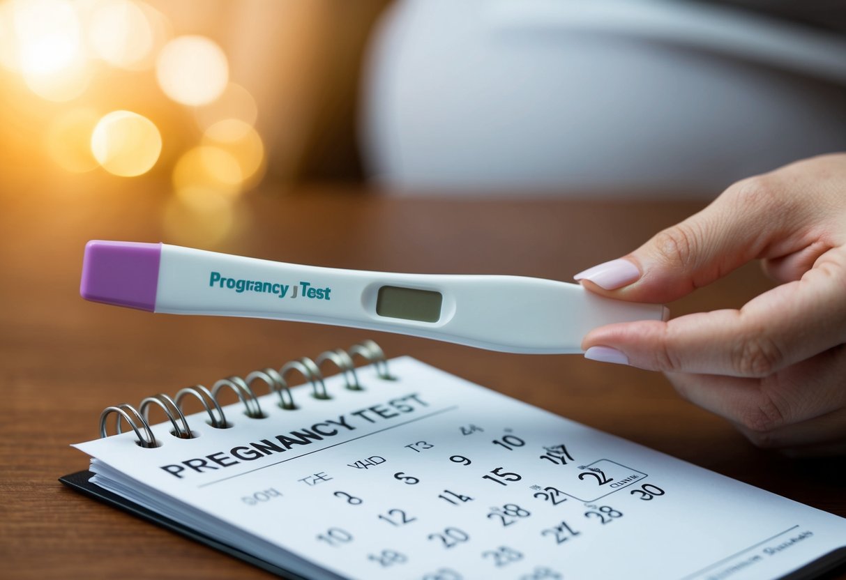 A positive pregnancy test next to a calendar with a marked missed period date. A woman's hand reaching for her stomach with a hopeful expression