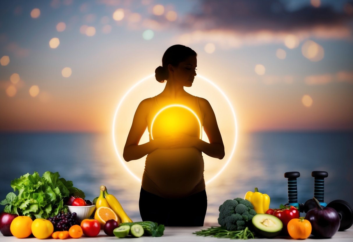 A pregnant woman's silhouette with a glowing aura, surrounded by symbols of health and wellness, such as fruits, vegetables, and exercise equipment