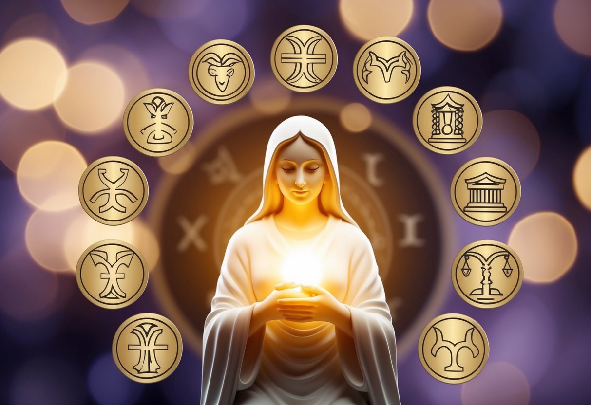 A nurturing mother figure surrounded by symbols representing the zodiac signs, exuding warmth and understanding