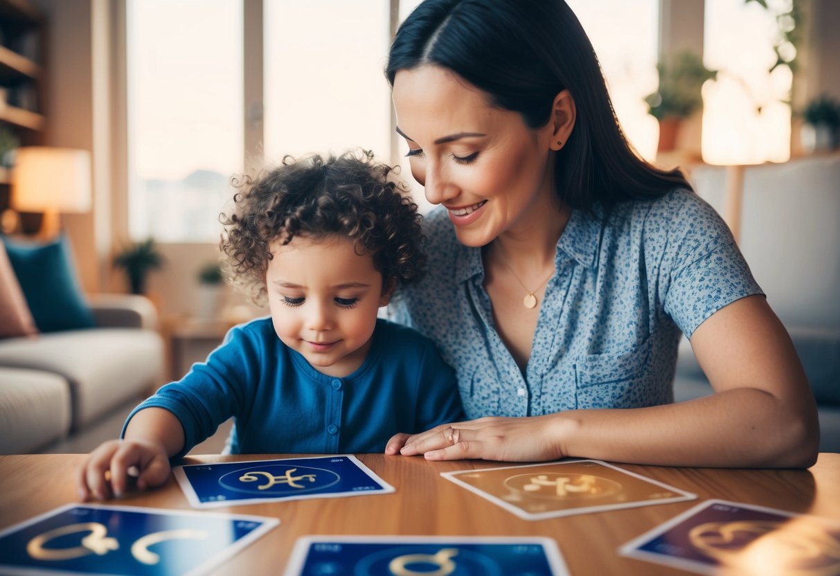 A mother and child bonding over astrological signs, with zodiac symbols and a nurturing demeanor