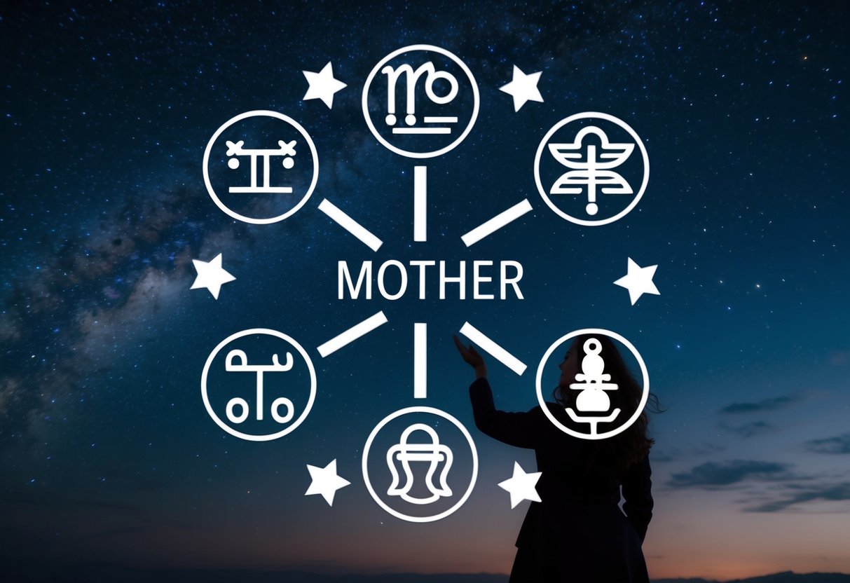 A starry night sky with zodiac symbols connecting to represent personal relationships and the character of a mother