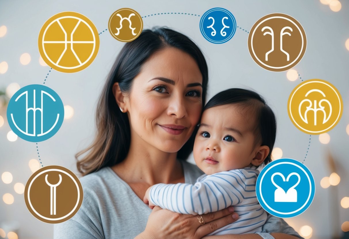 A mother with a nurturing expression surrounded by various zodiac symbols representing different parenting styles