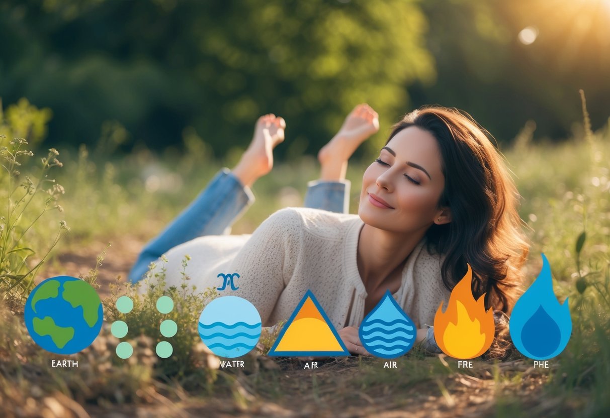 A mother relaxing in nature, surrounded by elements that reflect her zodiac sign's traits. The scene is peaceful and harmonious, with elements of earth, water, air, and fire