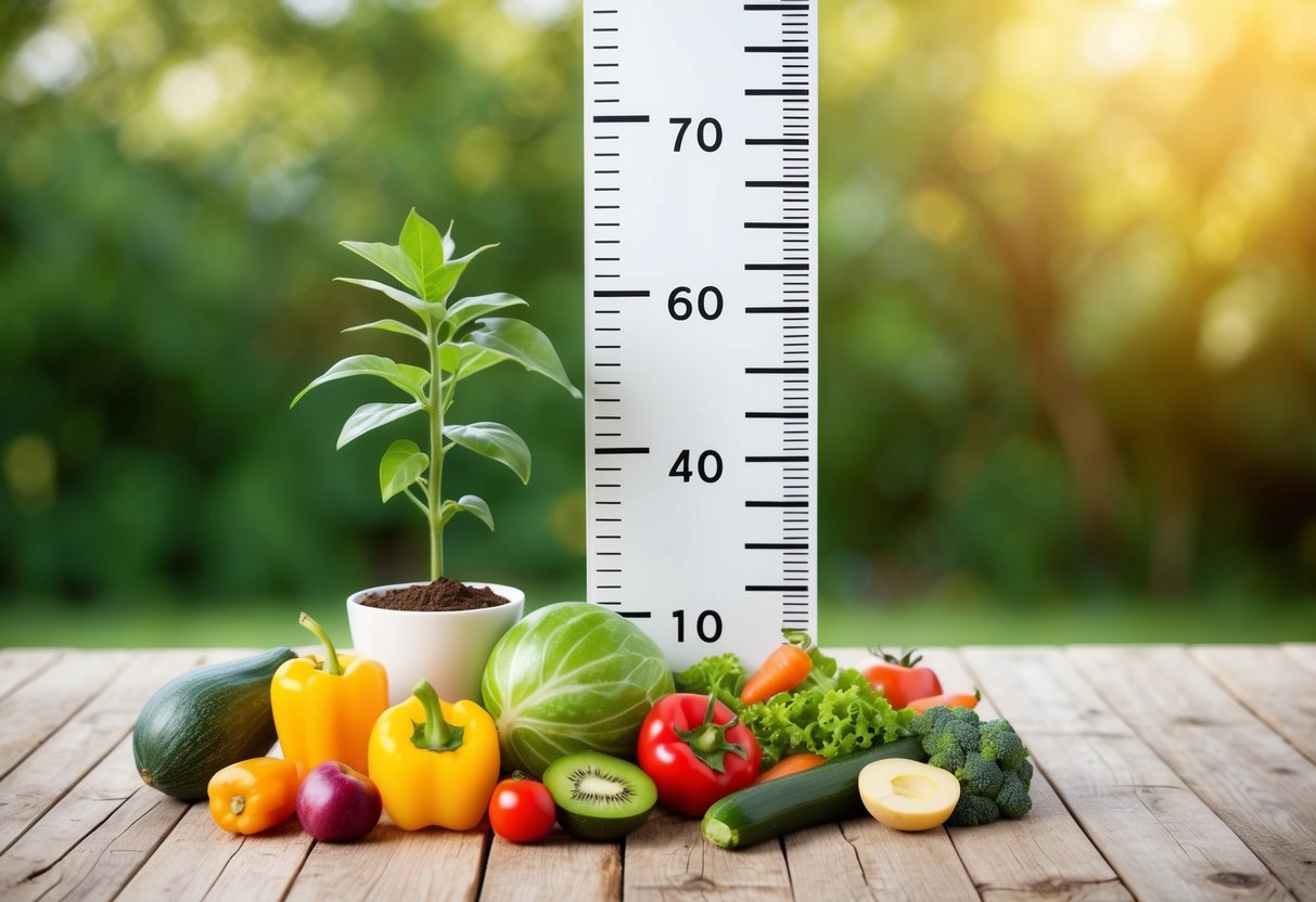 A child's height chart with various healthy foods and a growing plant to symbolize the importance of nutrition in children's growth