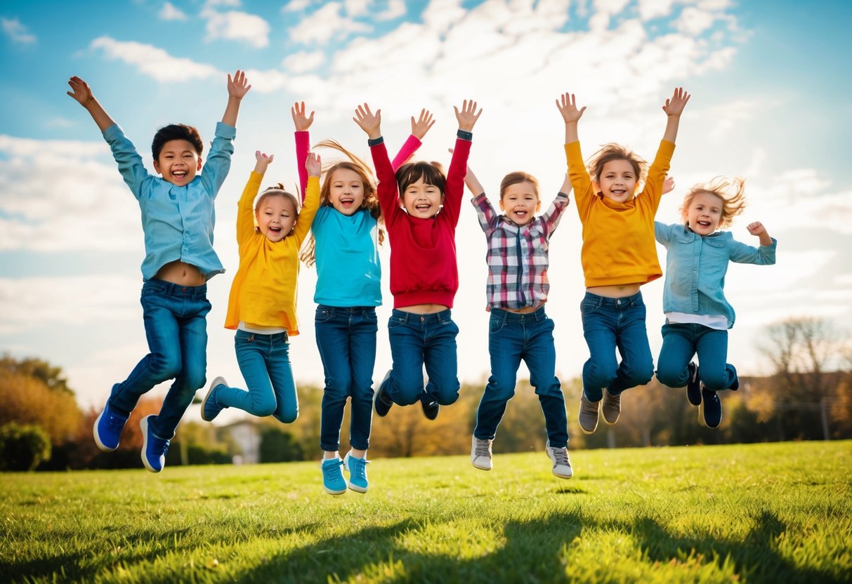 A group of children playing outside, jumping and leaping in the air, with big smiles on their faces