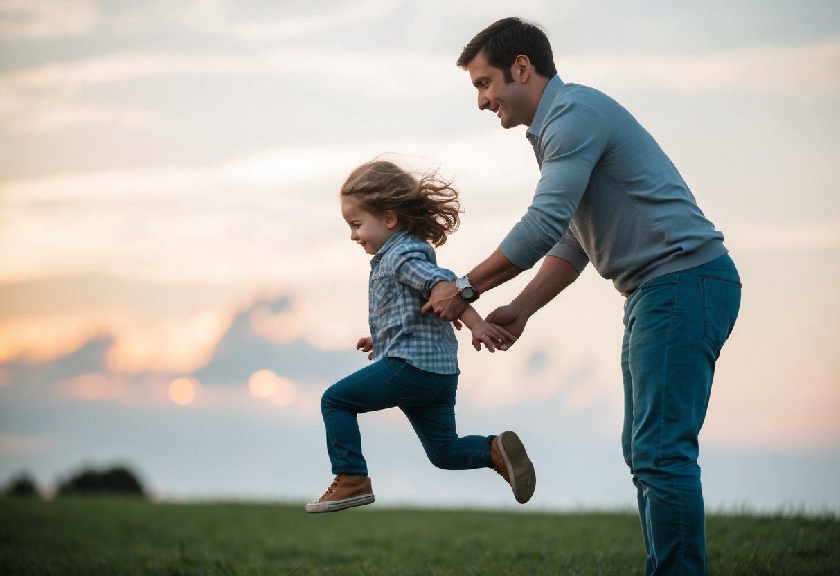 A parent guiding a child as they leap or grow