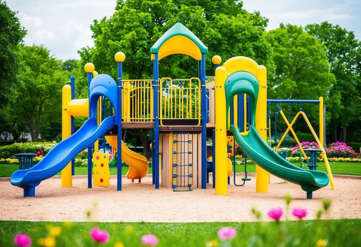 A colorful playground with slides, swings, and climbing structures surrounded by vibrant green trees and flowers