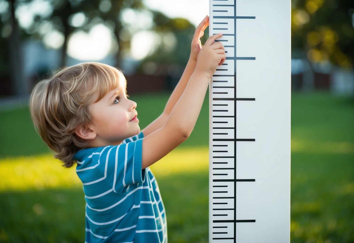 A child standing at the edge of a growth chart, reaching up to measure their height with a determined expression