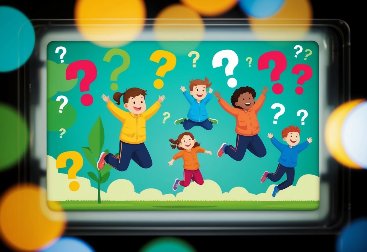 A colorful illustration of children growing and jumping, surrounded by question marks and symbols