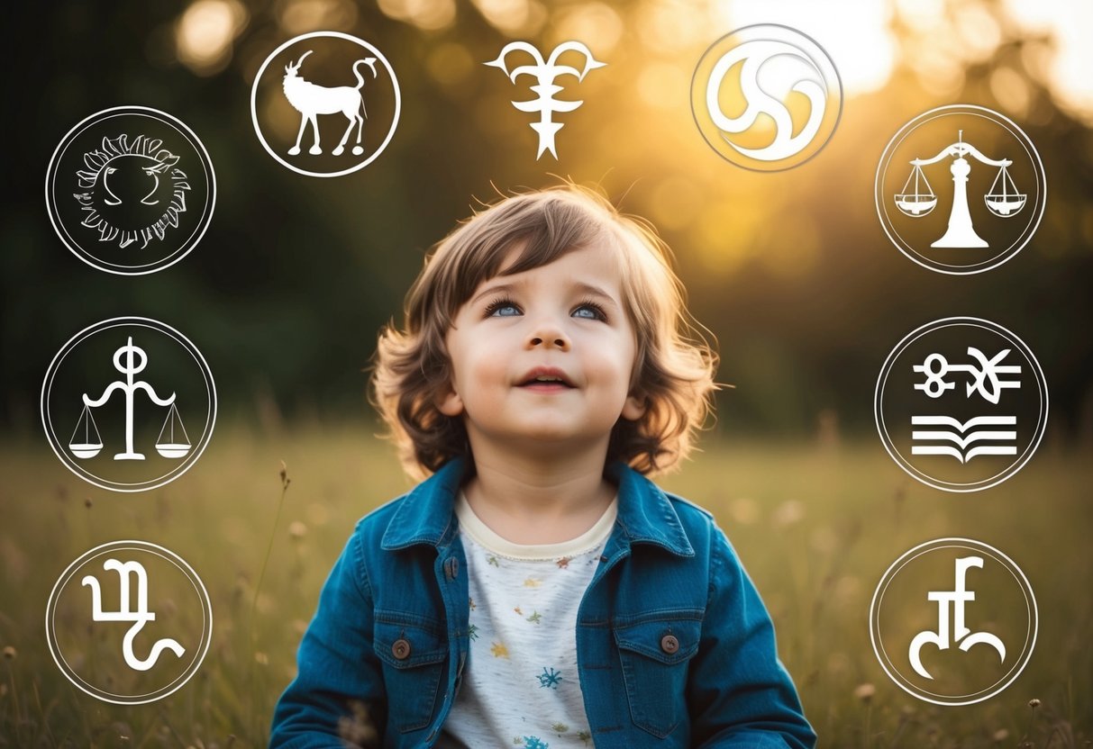 A child surrounded by symbols of the zodiac, each representing different traits and characteristics. The child's expression reflects a mix of emotions and personalities