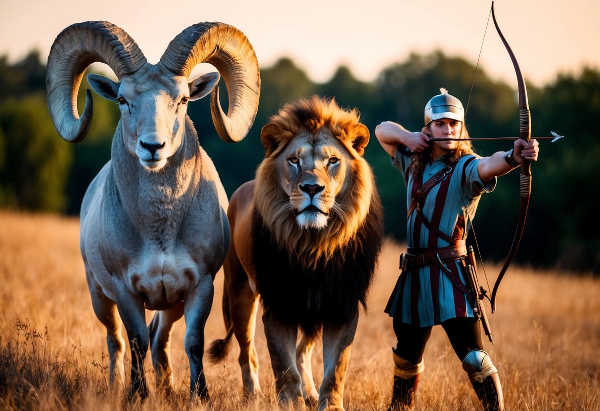 A ram, a lion, and an archer stand together, representing the zodiac signs of Aries, Leo, and Sagittarius. Their fiery personalities are depicted through their confident and energetic stances