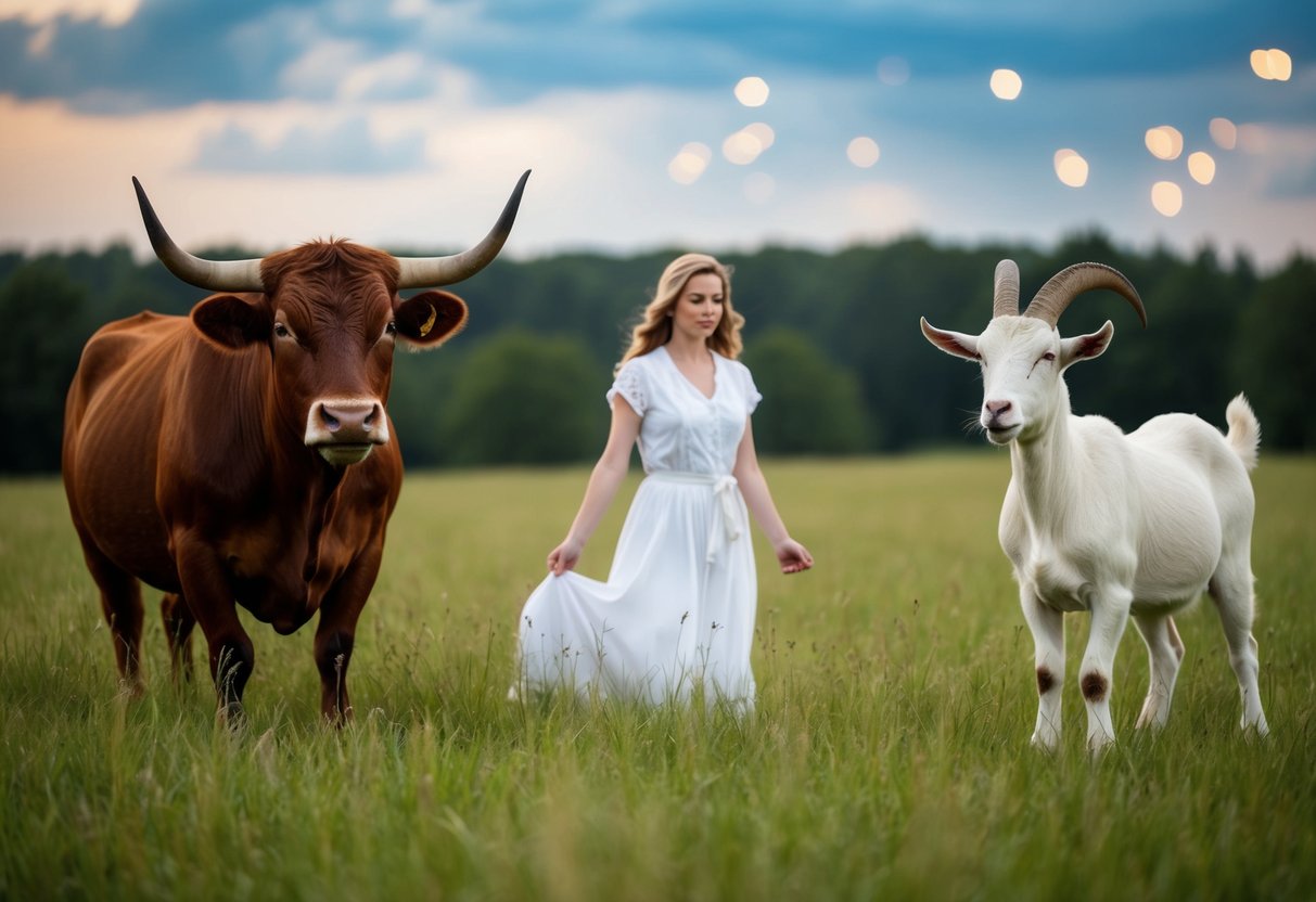 A serene meadow with a contented bull, a meticulous maiden, and a determined goat, each representing their zodiac sign