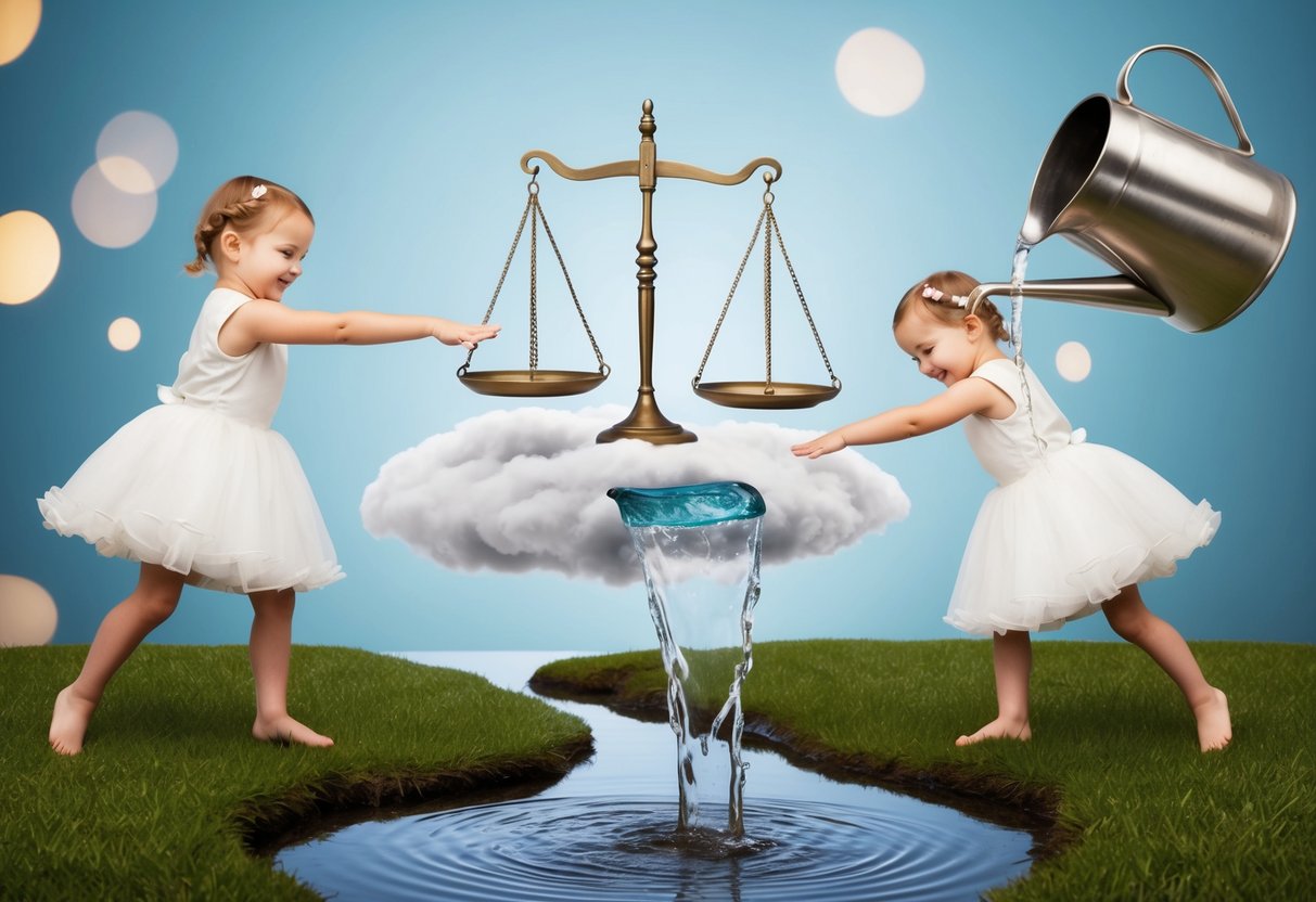 A pair of scales balanced on a cloud, while two playful twins dance around them. A water jug pours water into a small stream, creating ripples