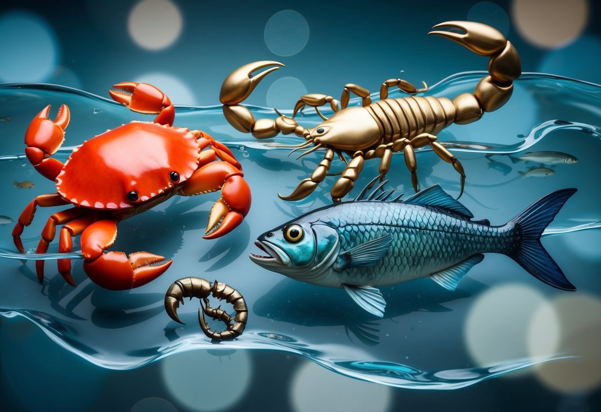 A crab, scorpion, and fish surrounded by water elements, representing the zodiac signs Cancer, Scorpio, and Pisces, and their associated childlike characteristics