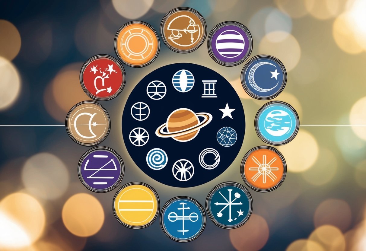 A collection of planets and their corresponding symbols arranged in a circular pattern, representing the zodiac signs and their associated characteristics for a child