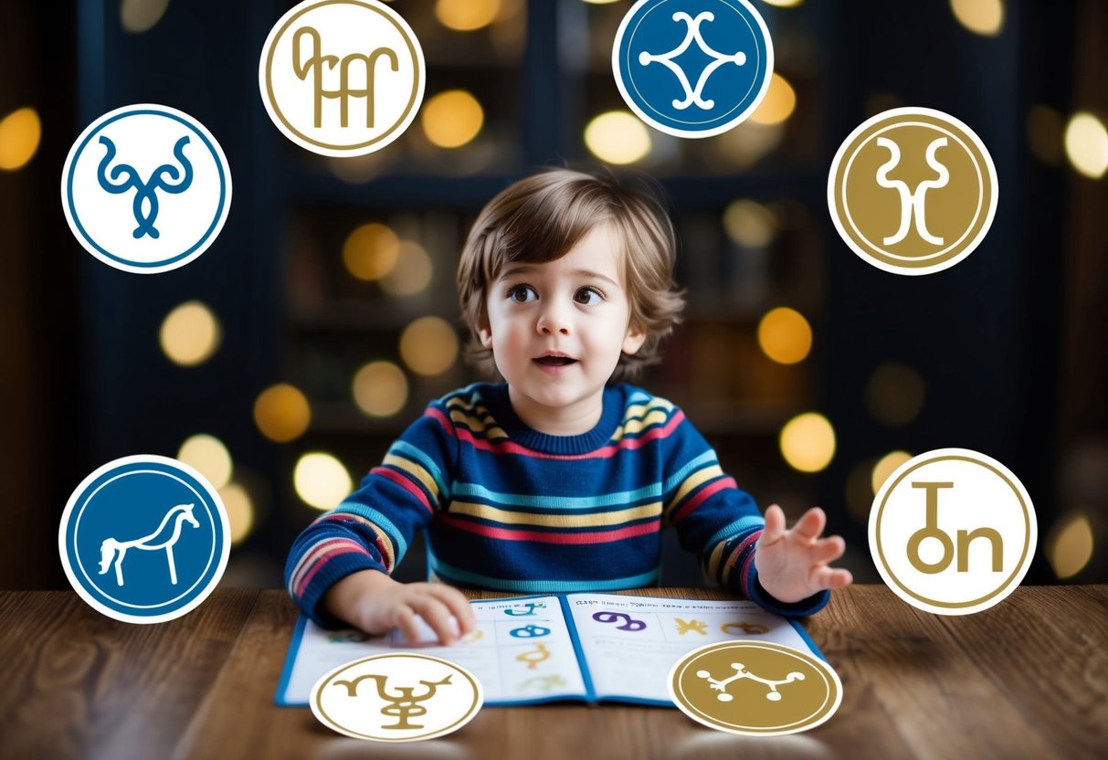 A child surrounded by zodiac symbols, each representing a different personality trait. The child appears curious and engaged in learning about the meanings behind each symbol