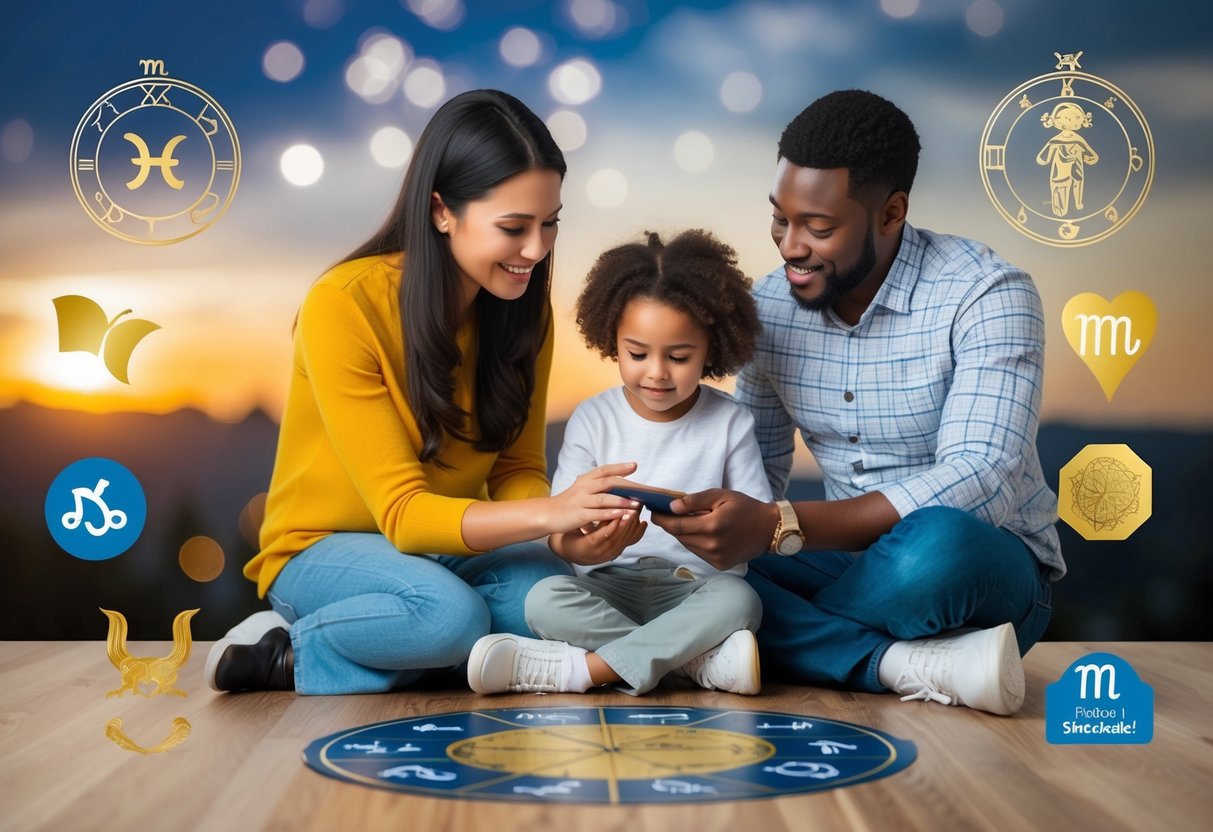 A parent guiding a child to explore their strengths, surrounded by zodiac symbols and a representation of the child's character traits