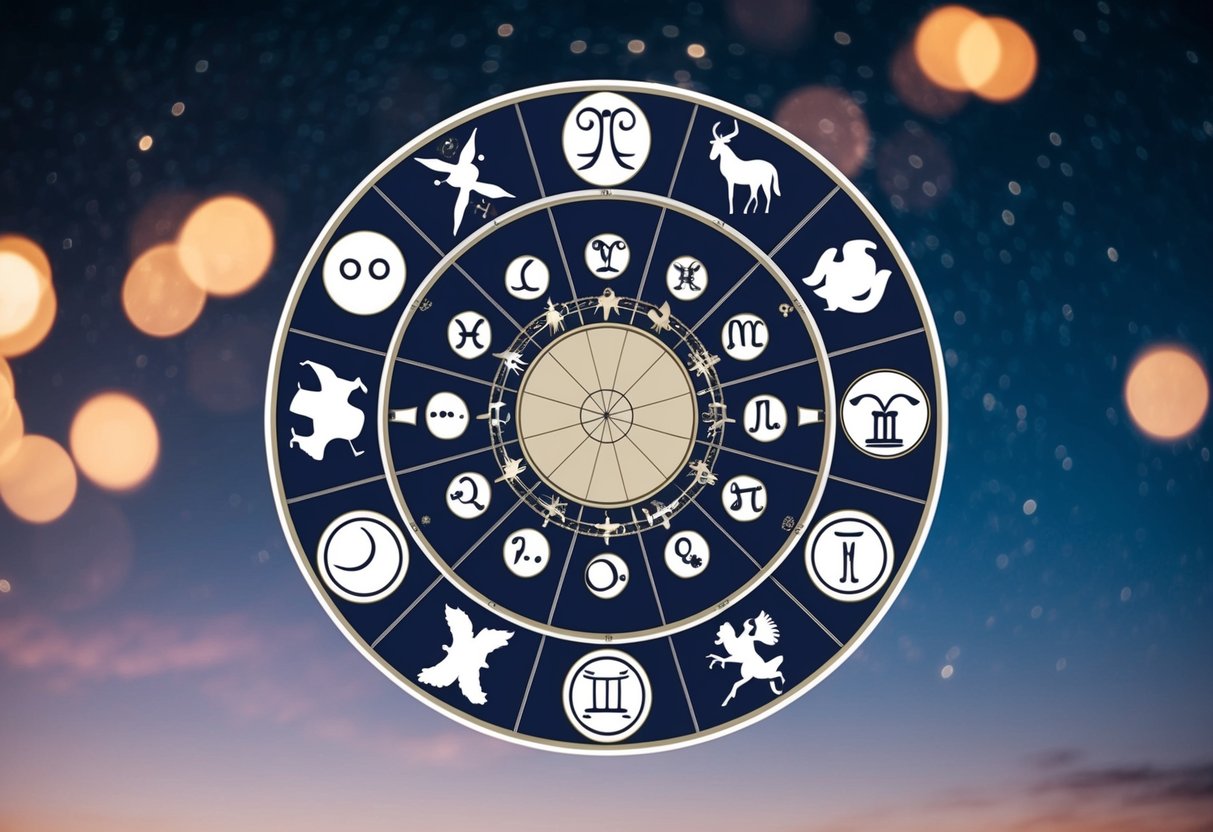 A celestial wheel with zodiac symbols surrounding a central point, each representing a different personality trait or characteristic