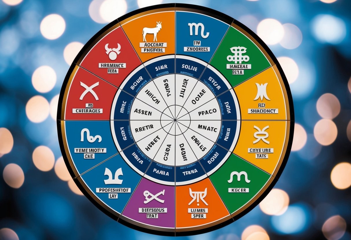 A circle divided into twelve sections, each labeled with a zodiac sign and a corresponding childlike character trait