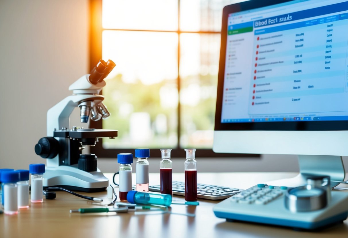 A table with various medical equipment and vials of blood, a microscope, and a computer screen displaying blood test results